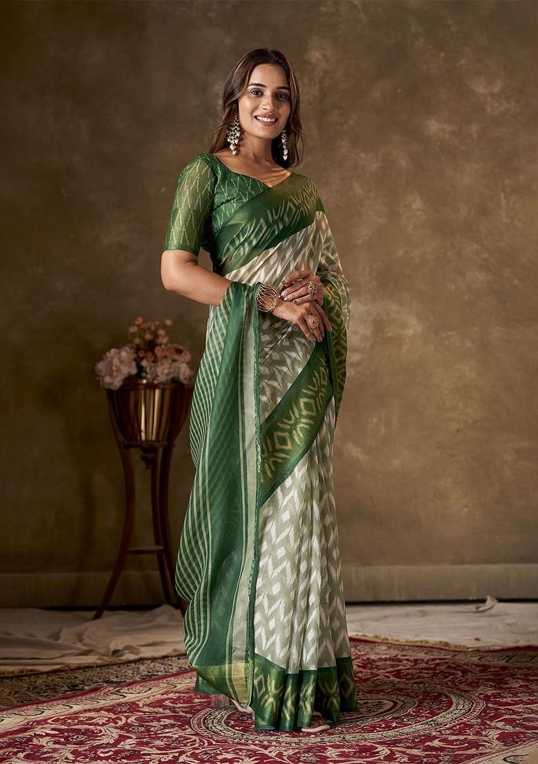 Green Printed Cotton Saree Set