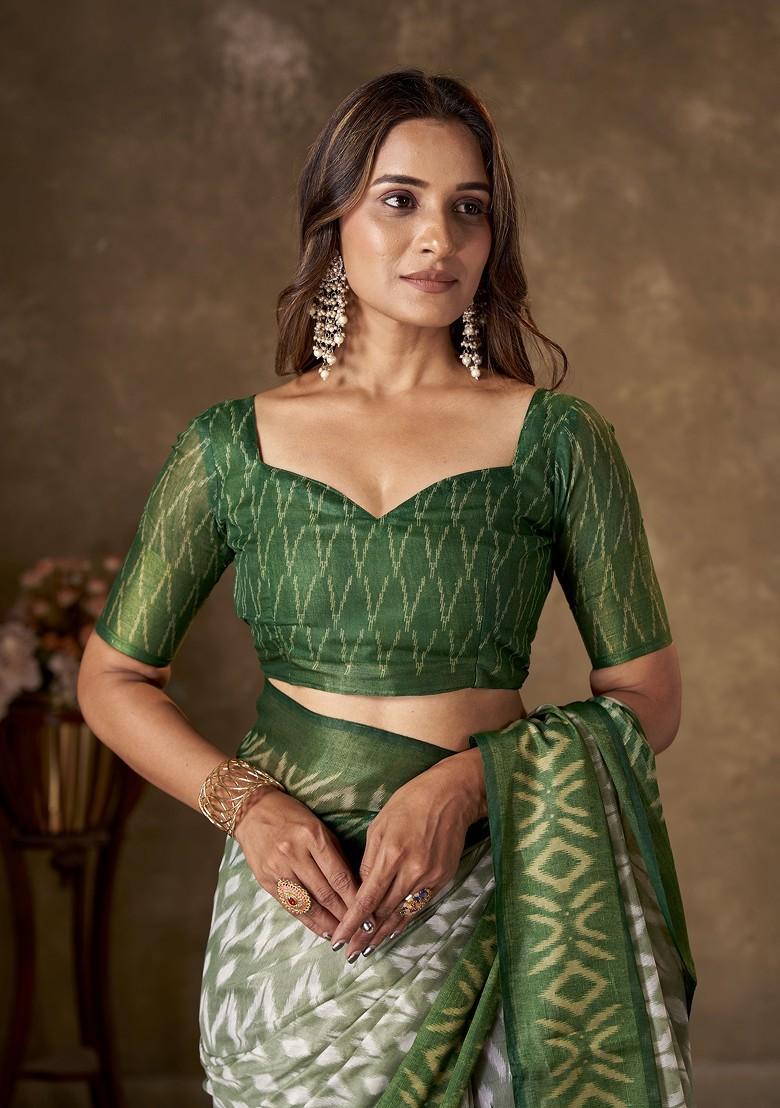 Green Printed Cotton Saree Set