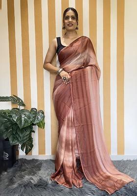 Brown Striped Chiffon Saree Set