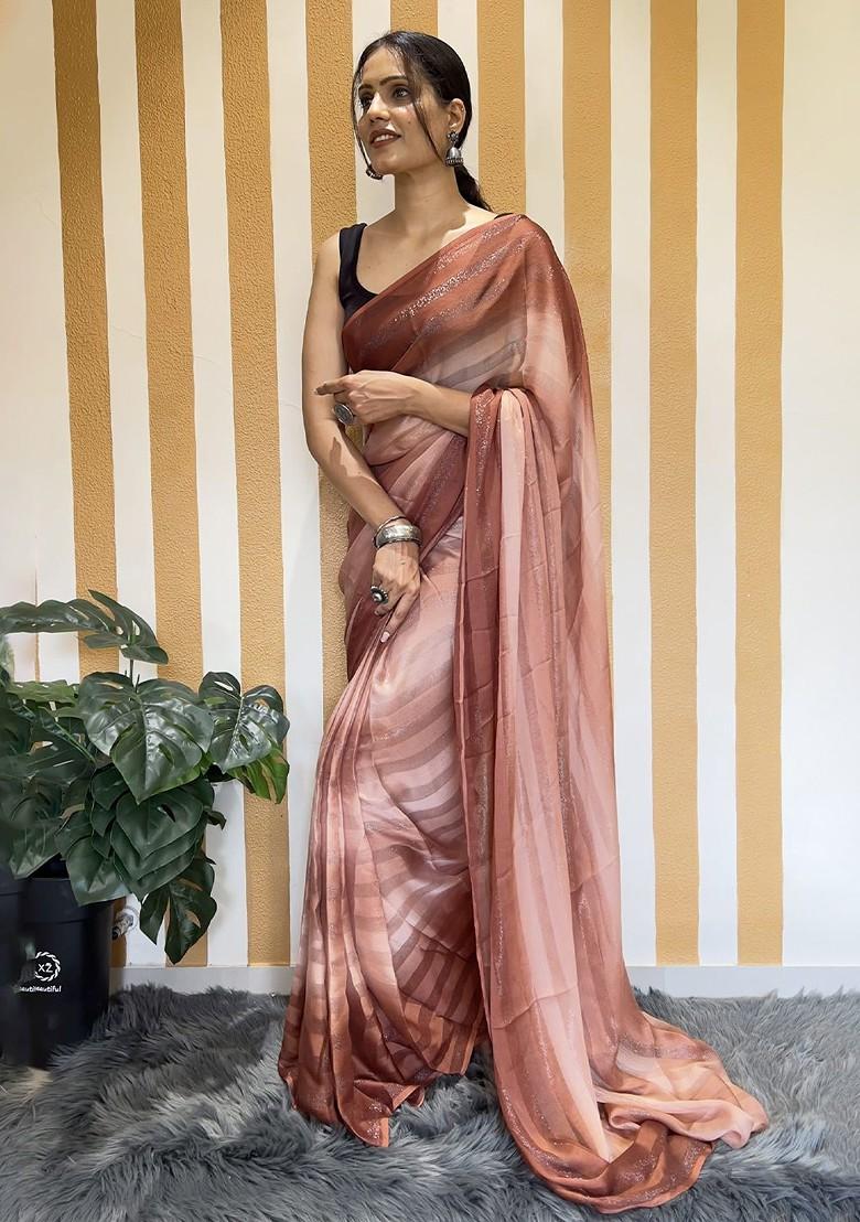 Brown Striped Chiffon Saree Set