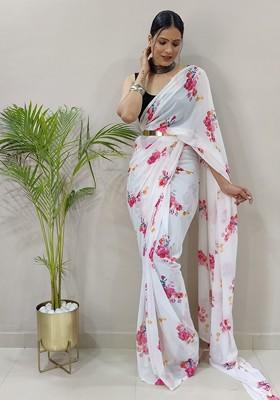 White Floral Printed Georgette Saree Set