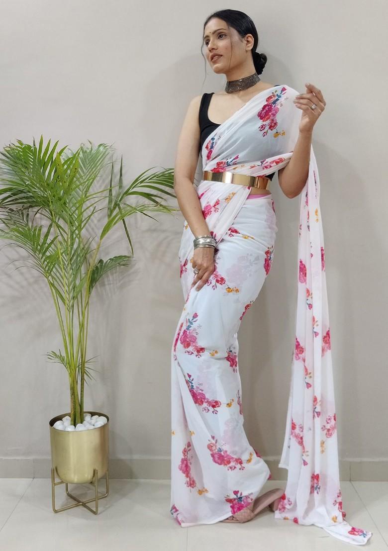 White Floral Printed Georgette Saree Set