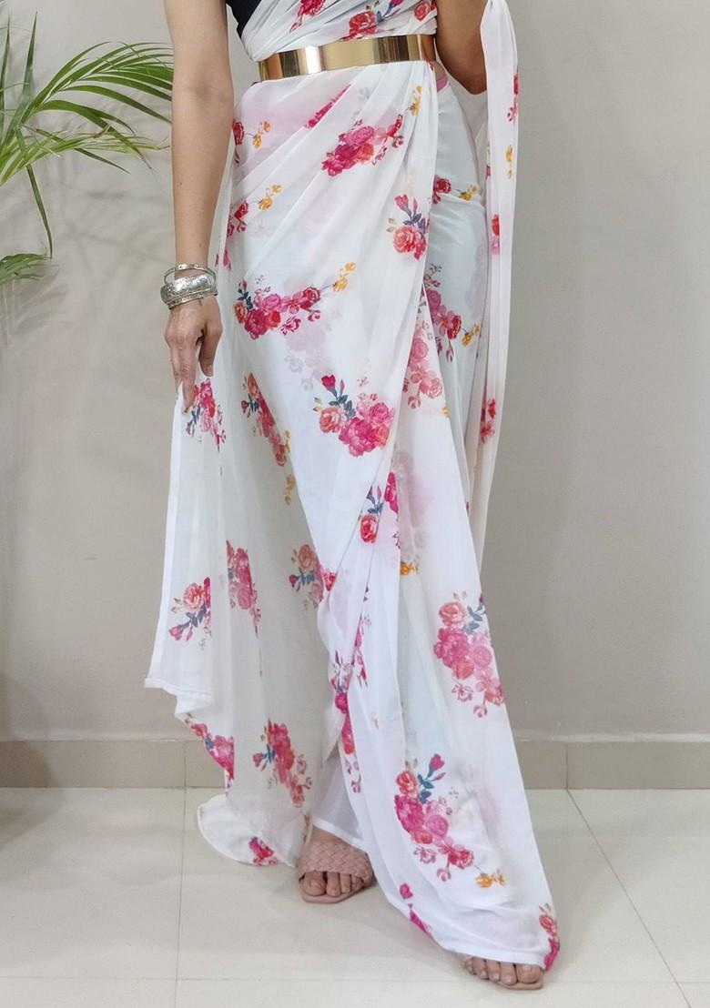 White Floral Printed Georgette Saree Set