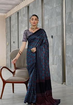 Blue Ajrak Print Silk Saree Set