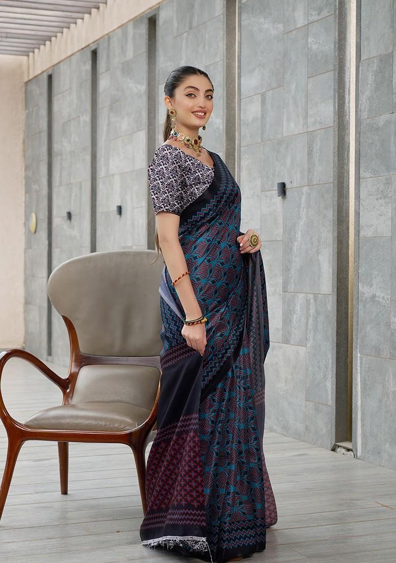 Blue Ajrak Print Silk Saree Set