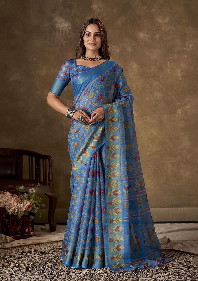 Blue Zari Cotton Saree Set