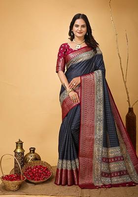 Navy Blue Zari Kanjeevaram Silk Saree Set