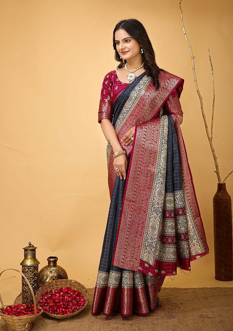 Navy Blue Zari Kanjeevaram Silk Saree Set