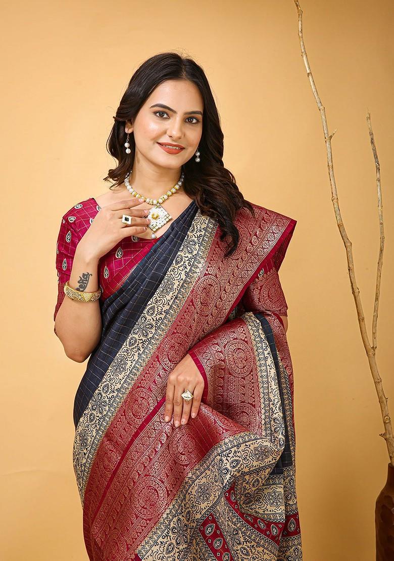 Navy Blue Zari Kanjeevaram Silk Saree Set