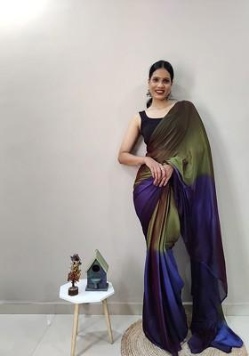 Olive Green Embroidered Satin Saree Set
