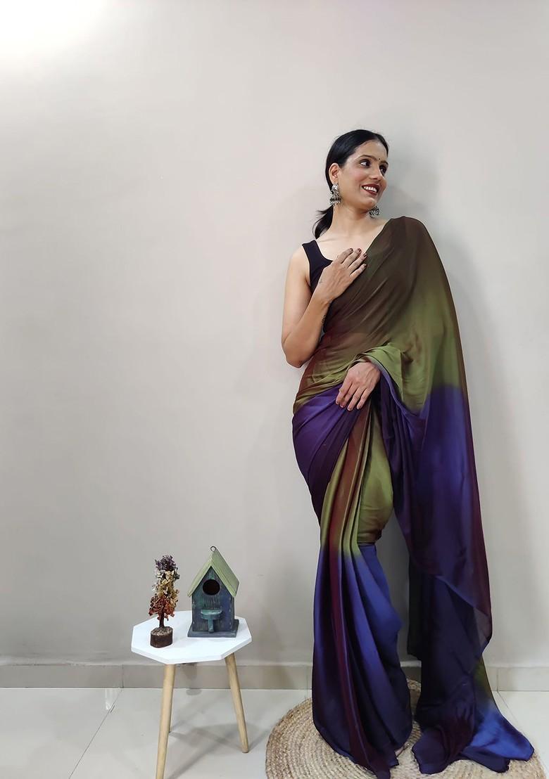 Olive Green Embroidered Satin Saree Set