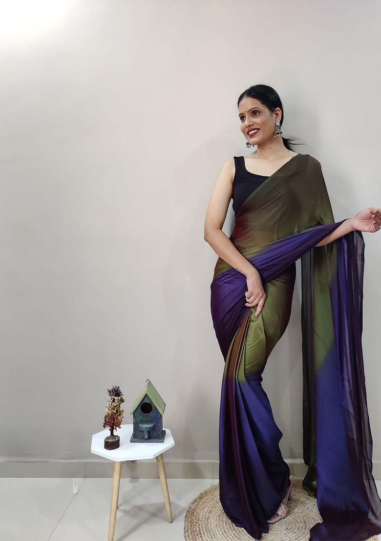 Olive Green Embroidered Satin Saree Set