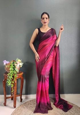 Pink Striped Crepe Saree Set