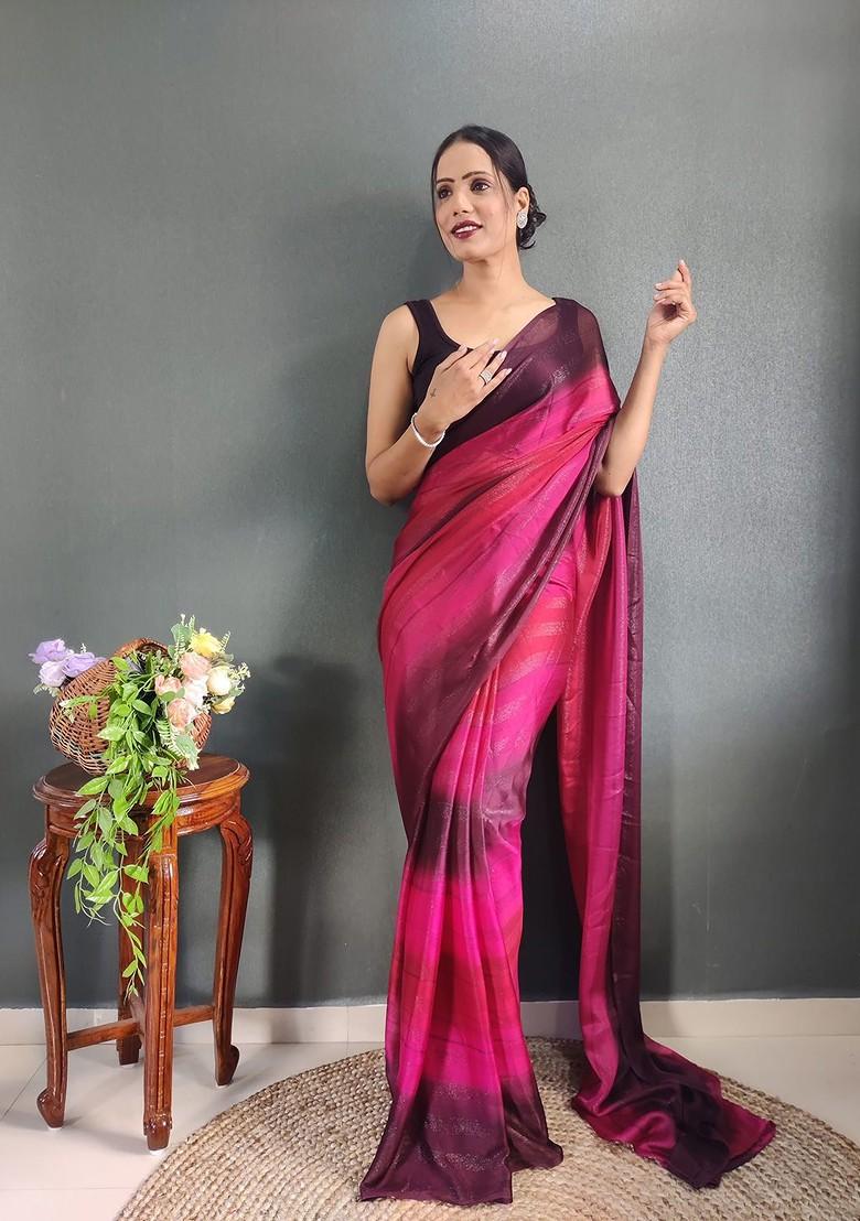 Pink Striped Crepe Saree Set