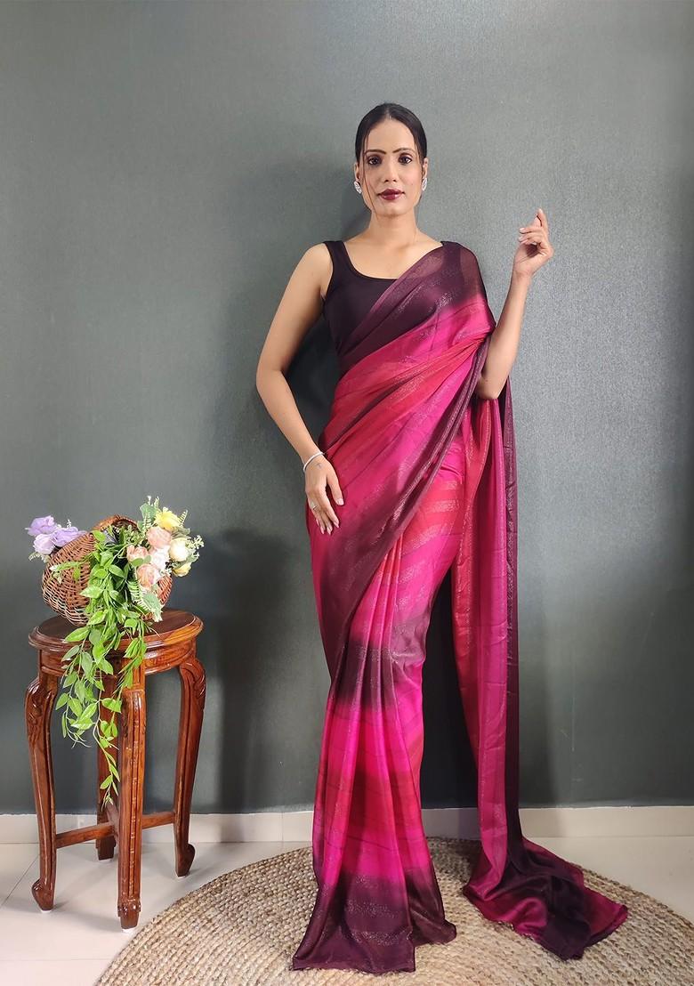 Pink Striped Crepe Saree Set