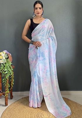 Blue Floral Printed Chiffon Saree Set