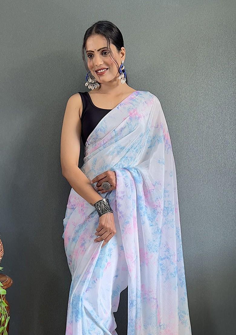 Blue Floral Printed Chiffon Saree Set