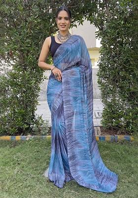 Blue Embroidered Chiffon Saree Set