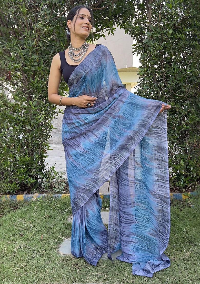 Blue Embroidered Chiffon Saree Set