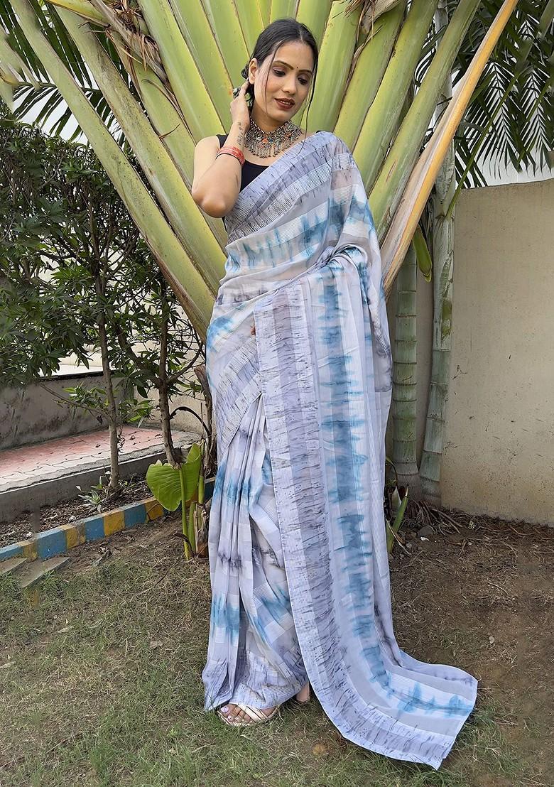 Blue Tie And Dye Chiffon Saree Set