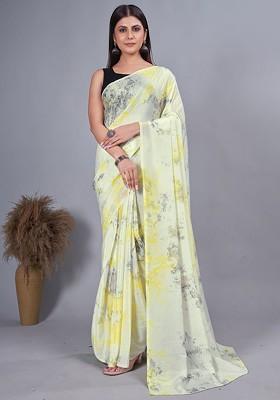 Yellow Abstract Print Chiffon Saree Set