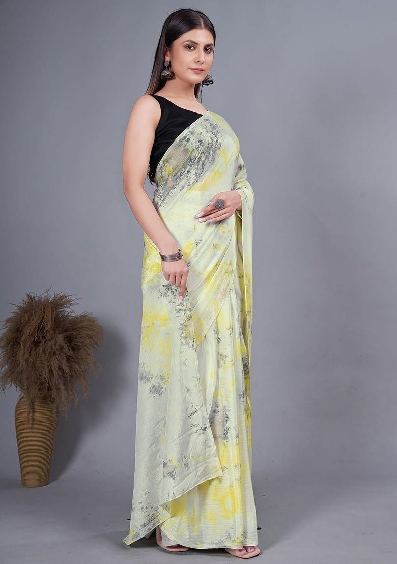Yellow Abstract Print Chiffon Saree Set