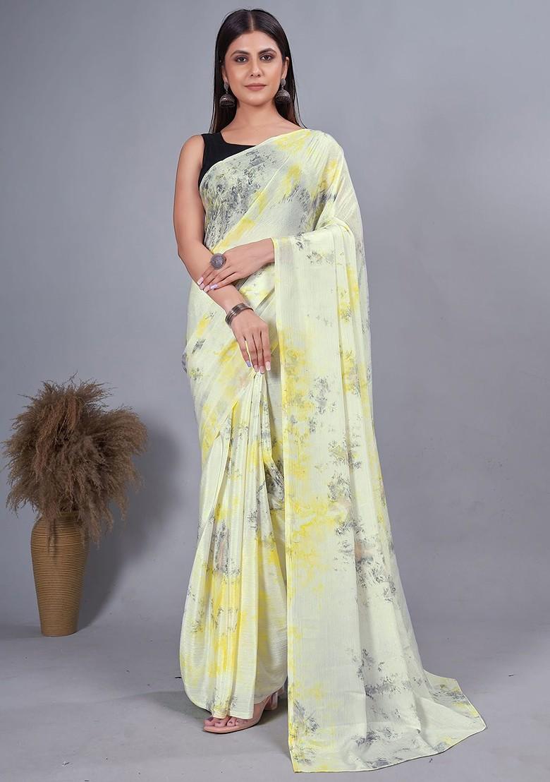 Yellow Abstract Print Chiffon Saree Set