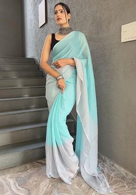 Blue Embroidered Chiffon Saree Set