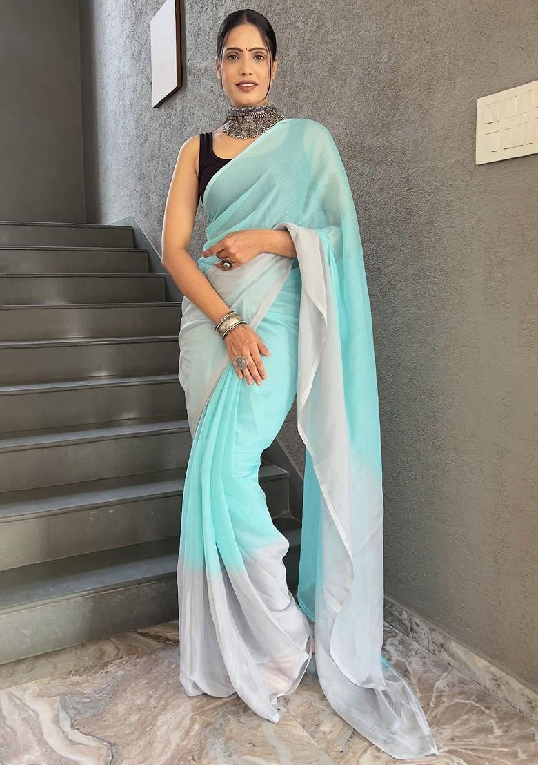 Blue Embroidered Chiffon Saree Set