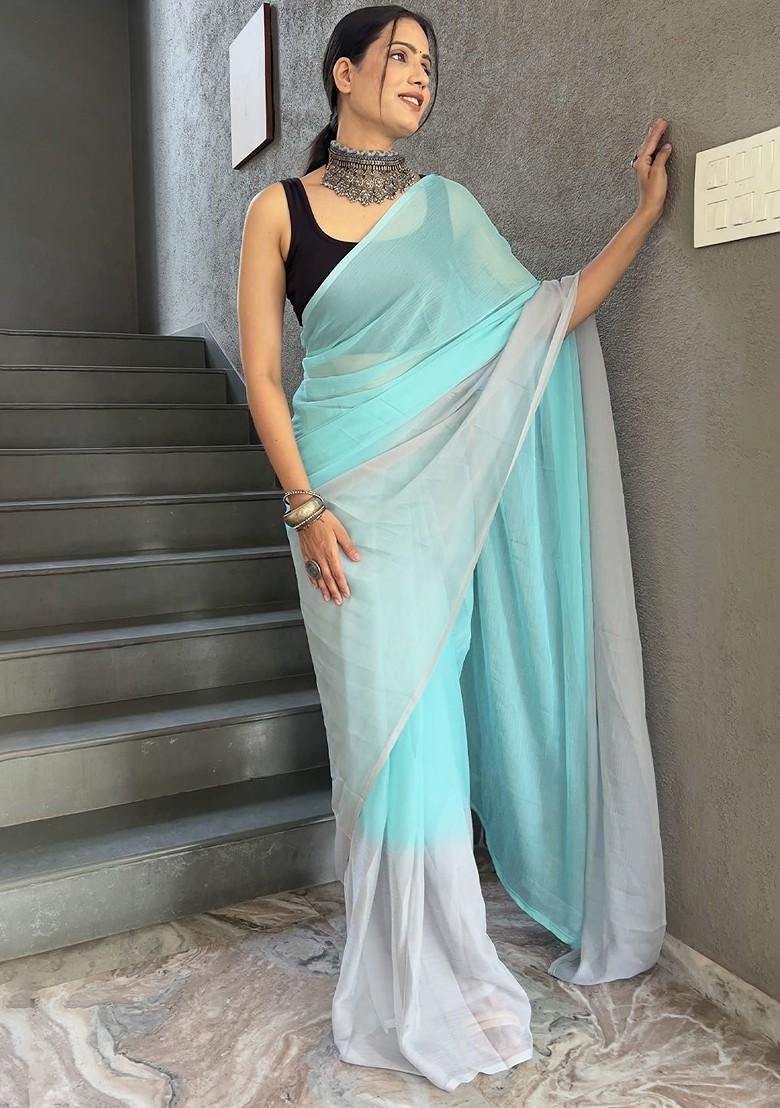Blue Embroidered Chiffon Saree Set