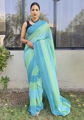 Blue Embroidered Chiffon Saree Set