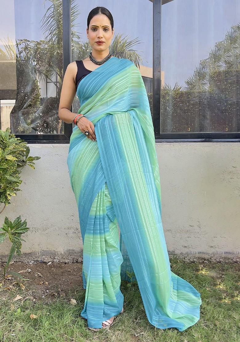 Blue Embroidered Chiffon Saree Set