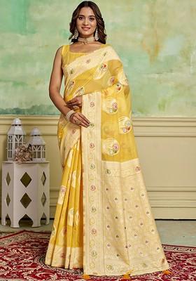 Yellow Zari Cotton Saree Set