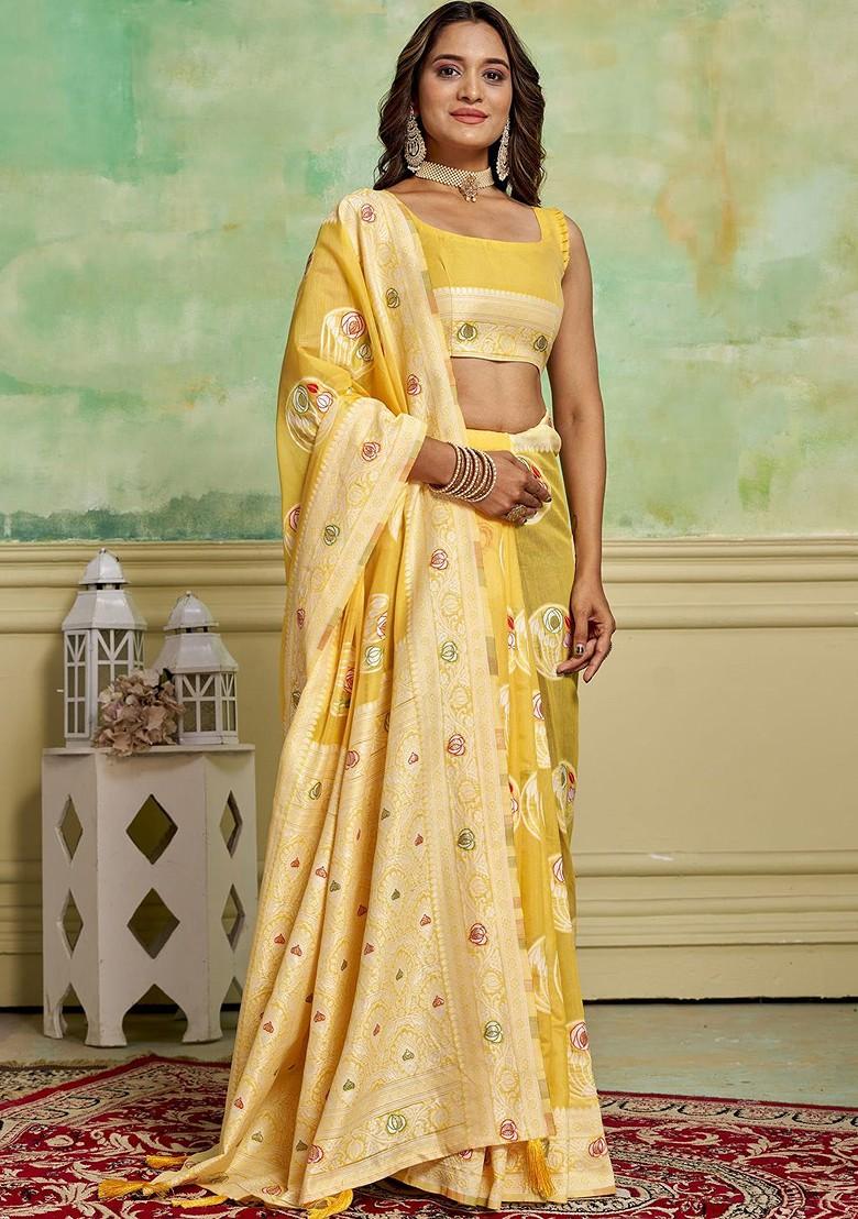 Yellow Zari Cotton Saree Set