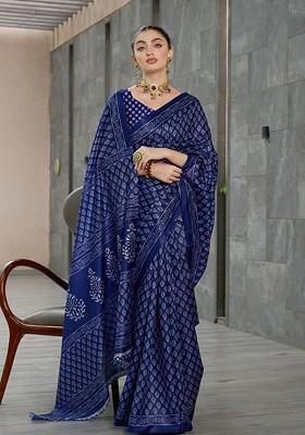 Blue Ajrak Print Silk Saree Set
