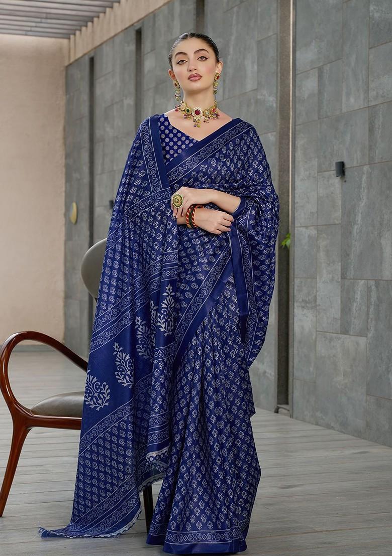 Blue Ajrak Print Silk Saree Set