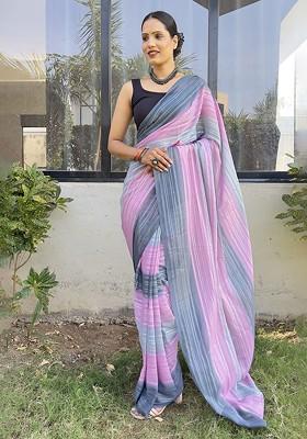 Purple Striped Chiffon Saree Set