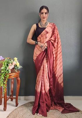 Peach Tie And Dye Satin Saree Set