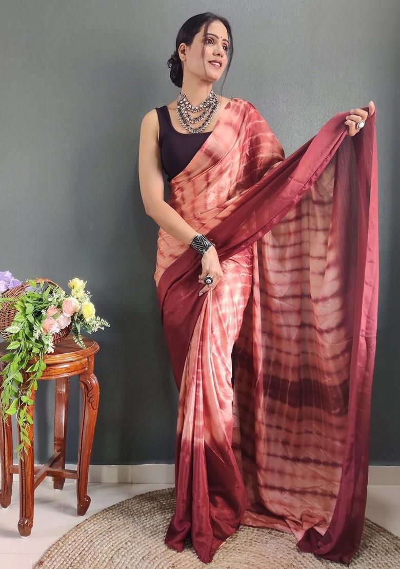 Peach Tie And Dye Satin Saree Set