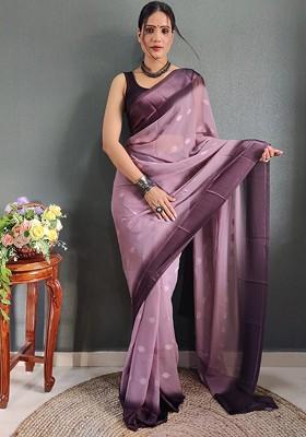 Purple Zari Satin Saree Set
