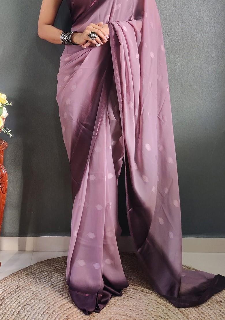 Purple Zari Satin Saree Set