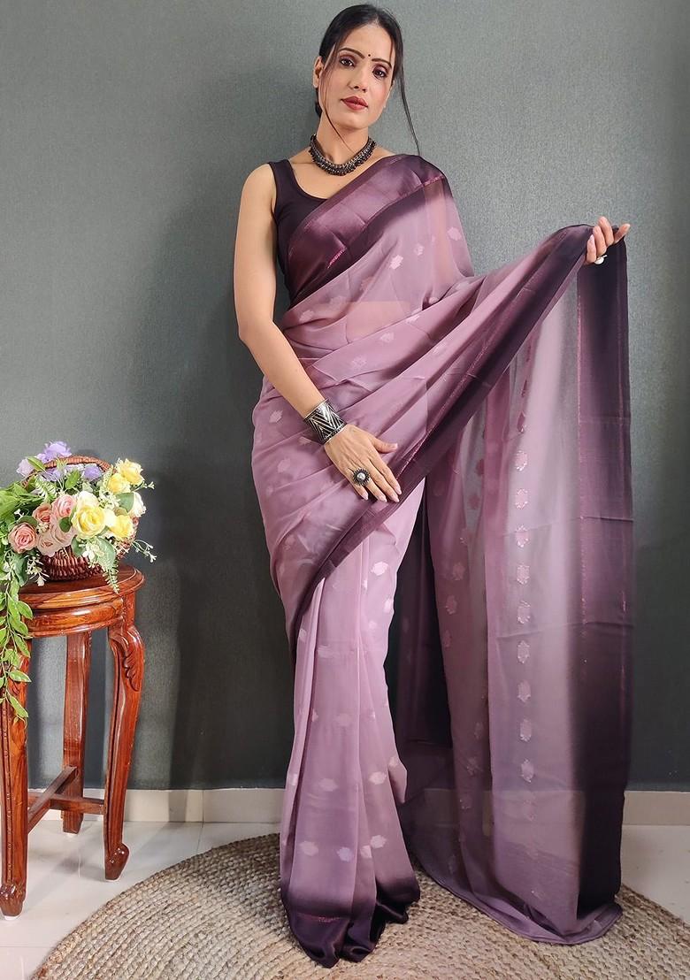 Purple Zari Satin Saree Set
