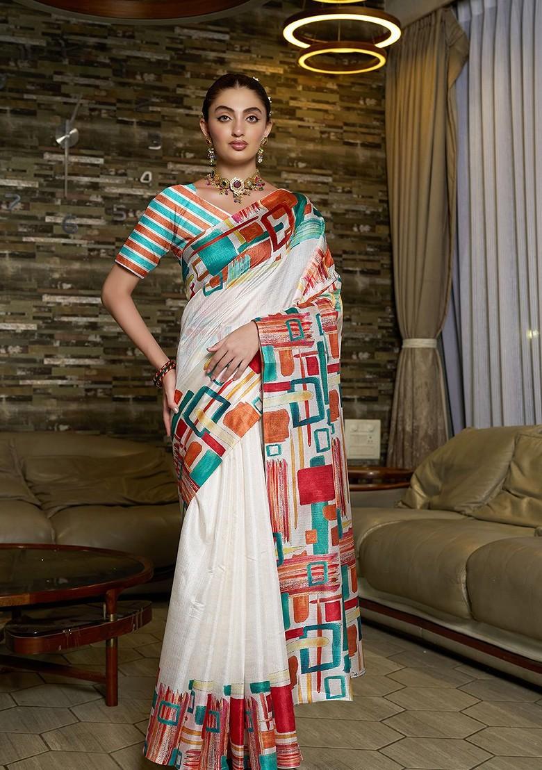 White Block Print Silk Saree Set