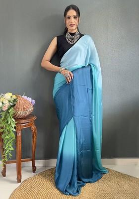 Blue Embroidered Crepe Saree Set