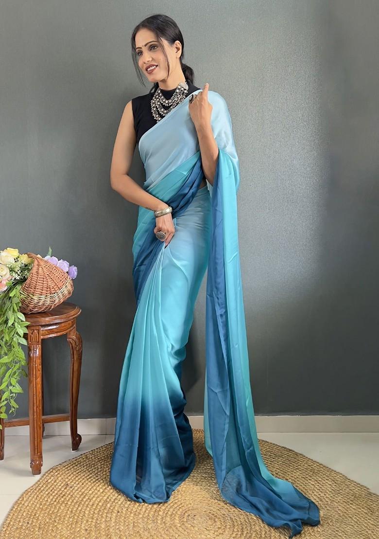 Blue Embroidered Crepe Saree Set