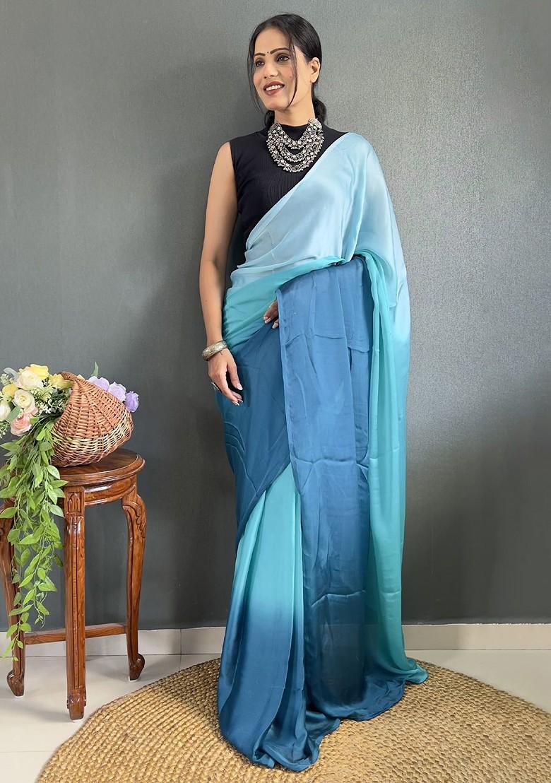 Blue Embroidered Crepe Saree Set