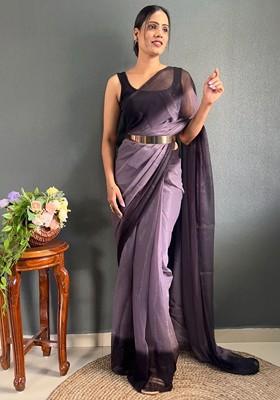 Purple Embroidered Crepe Saree Set