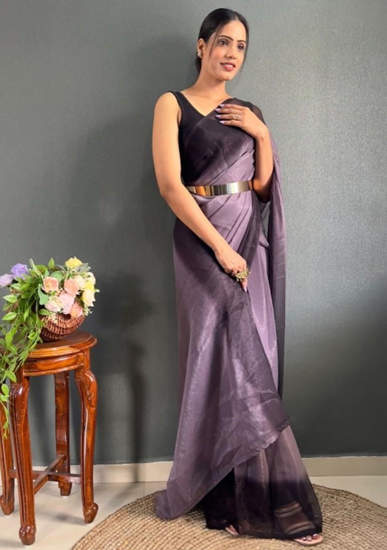 Purple Embroidered Crepe Saree Set