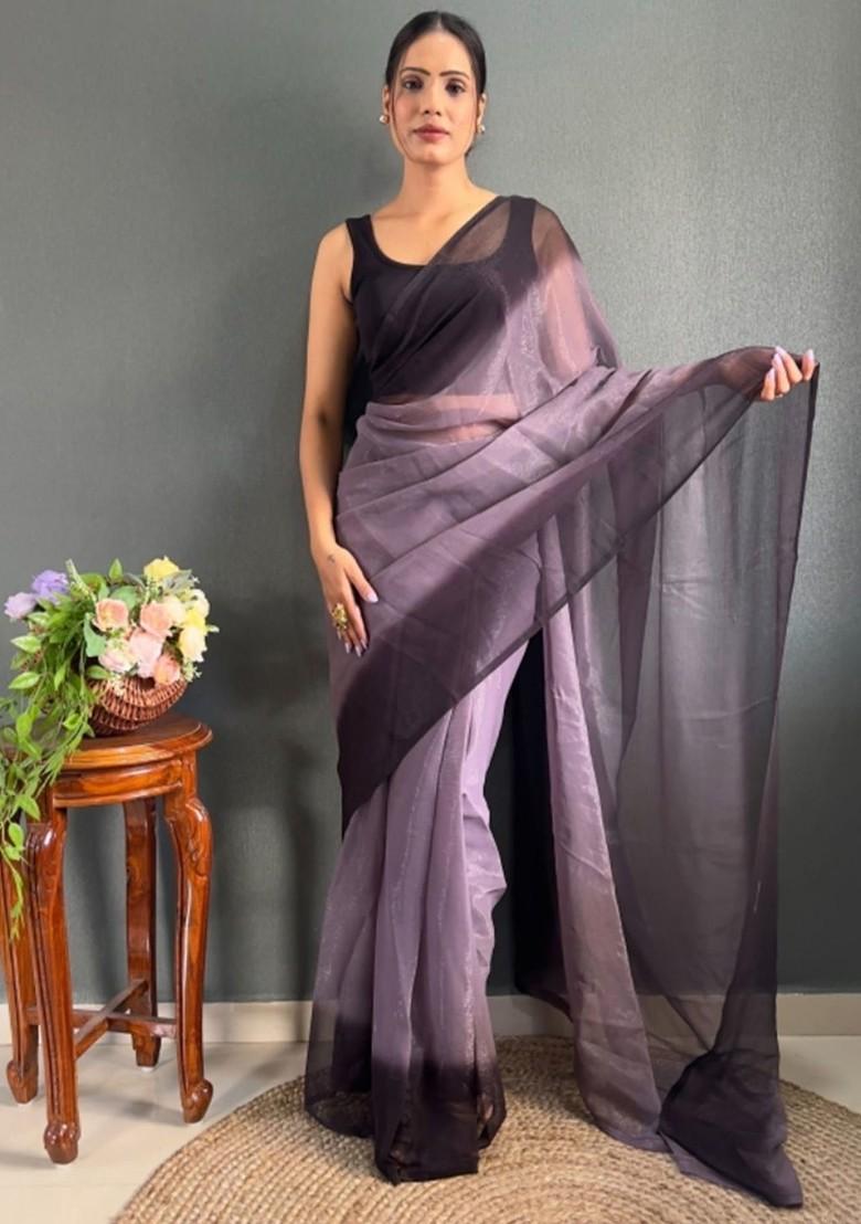 Purple Embroidered Crepe Saree Set