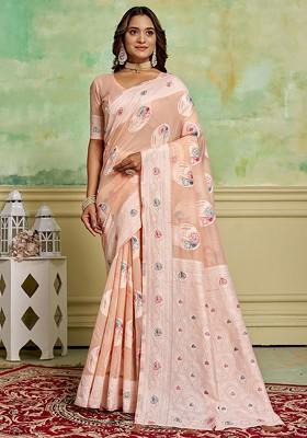 Peach Zari Cotton Saree Set